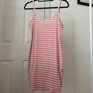 Pink & white striped ribbed body-con dress